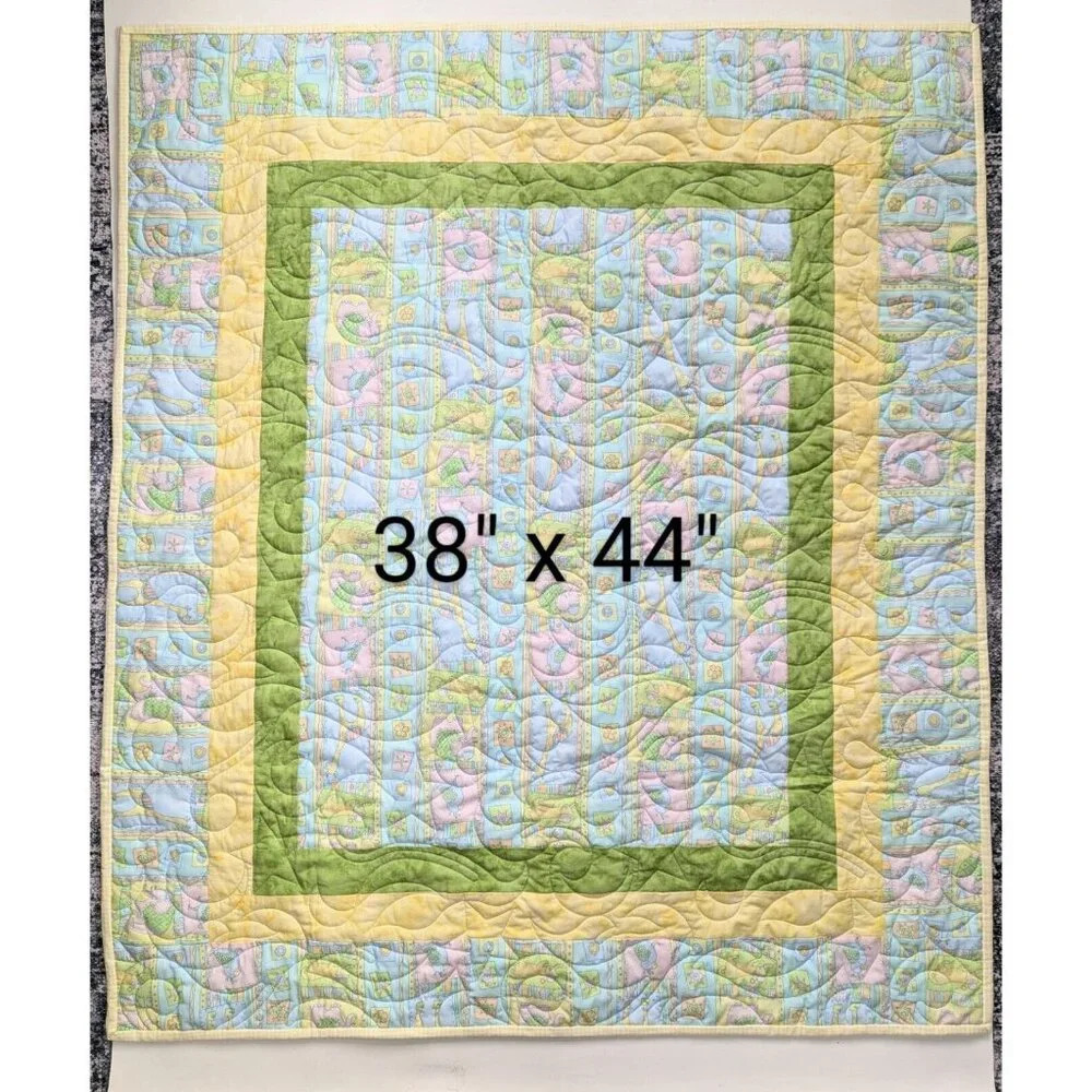 Animal Baby Crib Quilt Handmade Gender Neutral 38" X 44" Blue Pink Yellow Green